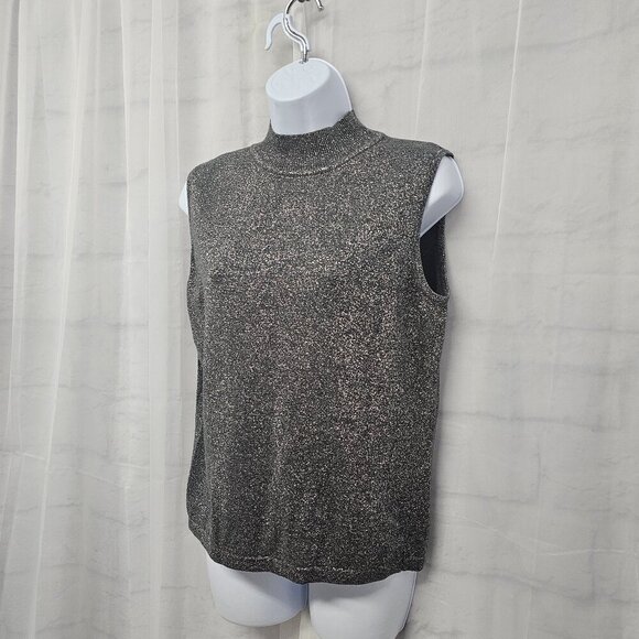 Liz Claiborne Gray Silver Metallic Mock Neck Knit Tank Sleeveless SP - Picture 4 of 10